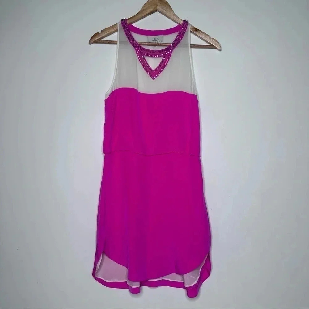 Madison Marcus NEW Neiman Marcus Hot Pink Silk Rhinestone Mini Blouson Dress XS